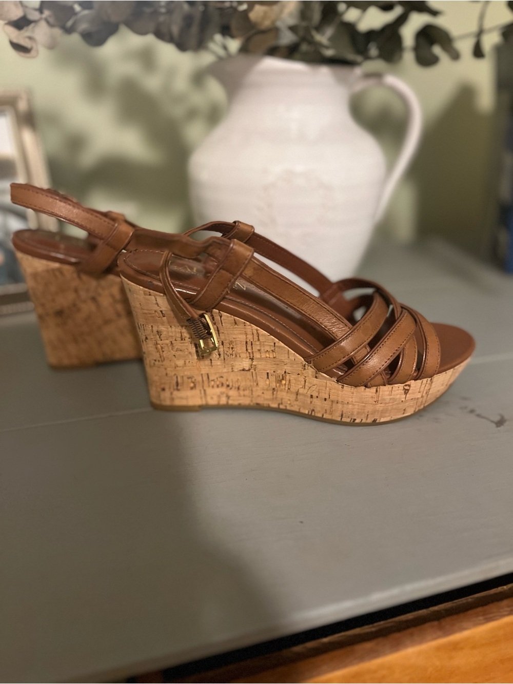 Lauren Ralph Lauren Brown Leather Cork Wedge Sandals